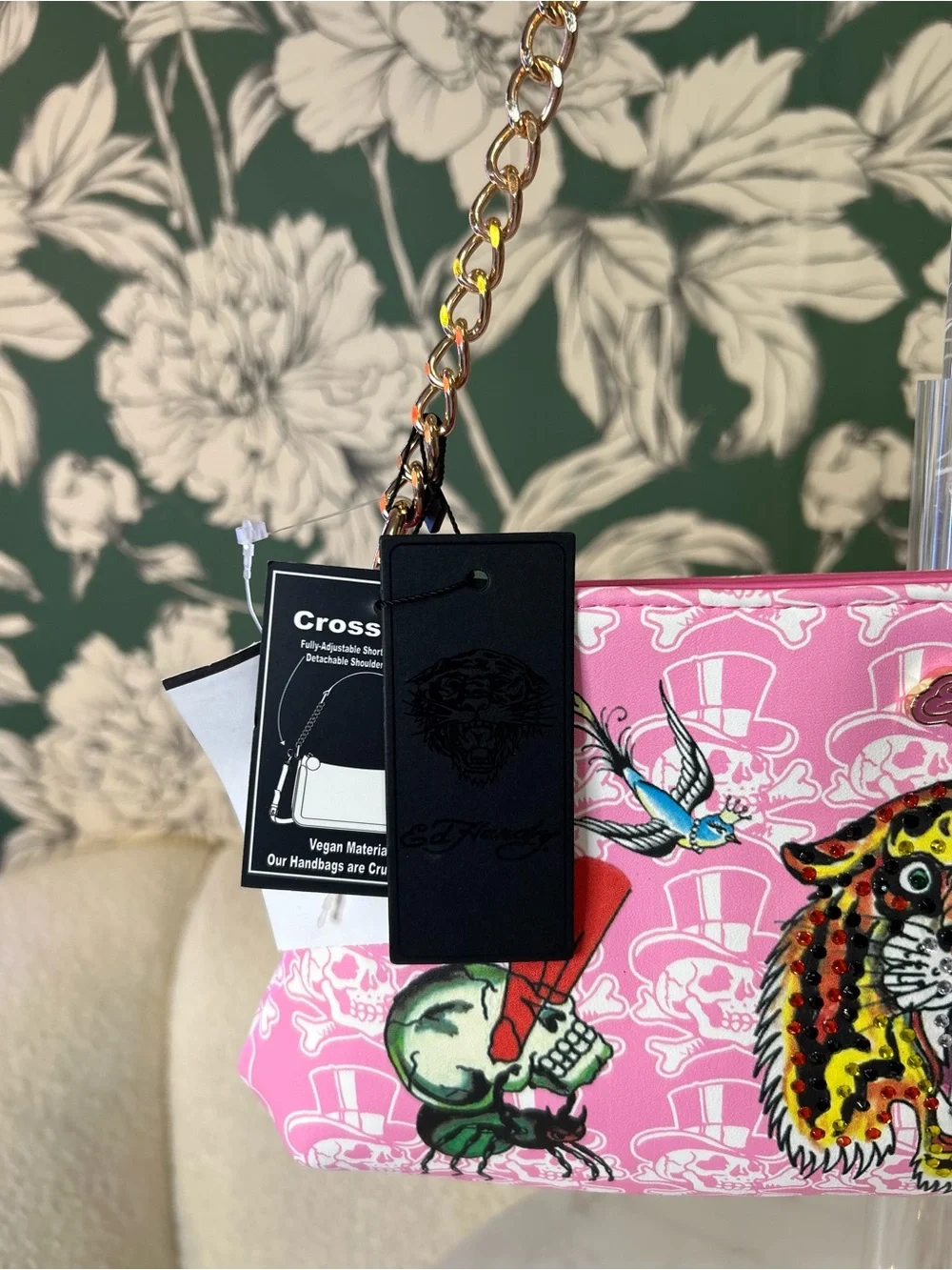 Ed Hardy Pink Shoulder Bag with Embroidered Tiger & Pegasus Motifs NWT